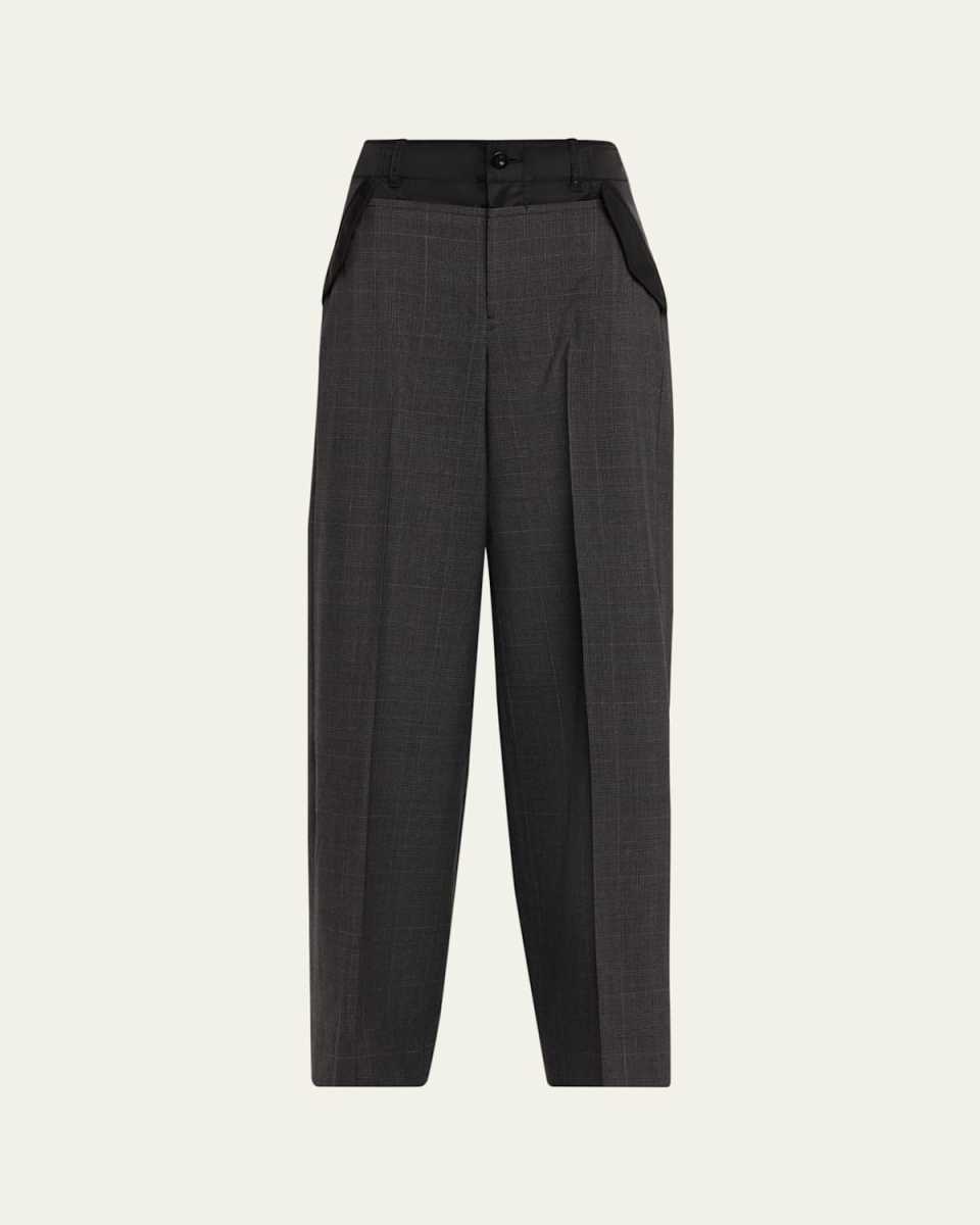 Nylon-Waistband Glen Check Wide-Leg Trousers